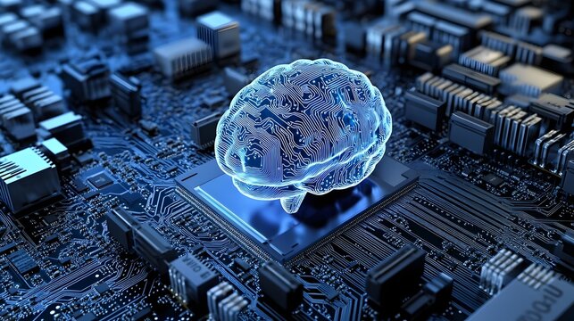 Brain representing critical thinking and advancement in technology and intelligence on a motherboard of a computer