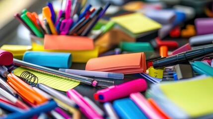 Cluttered Office Desk Filled with Supplies and Stationery