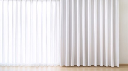 Obraz premium Bright, airy room with sheer white curtains draping gracefully over a light hardwood floor, creating a serene and minimalist atmosphere.