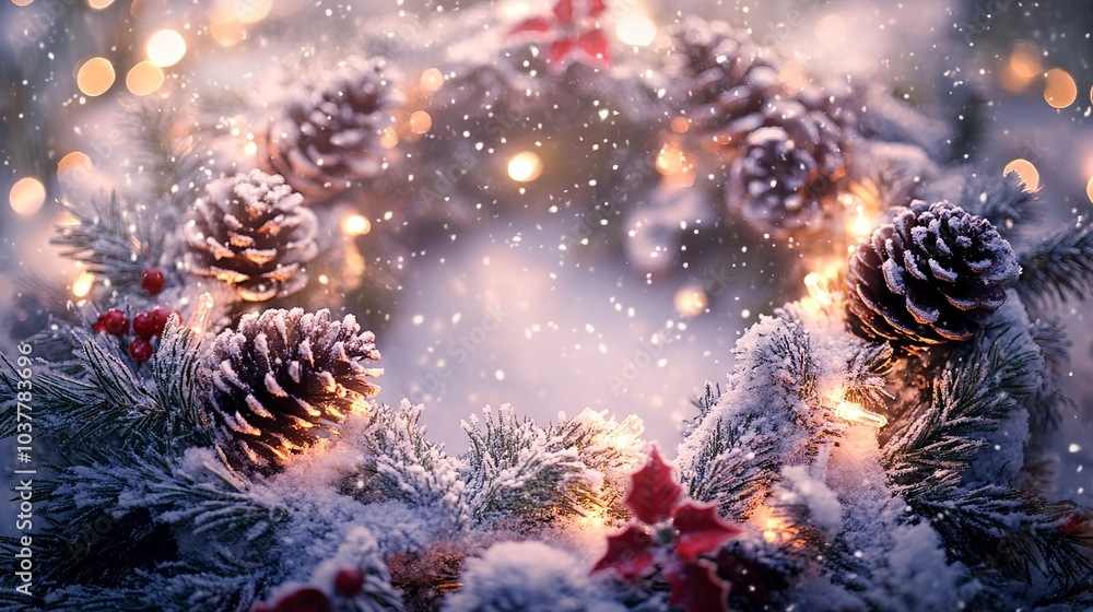 Canvas Prints Snowy wreath made of pine cones and holly, framing a soft glow in the center, background of falling snow and warm lights, wide-angle, gentle holiday ambiance with soft focus 