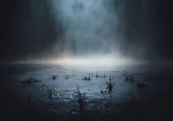 Fototapeta premium Mystical mist. Swirling smoke in dark and light symphony. Fluid fantasia. Abstract dance of fog and light on floor with black background