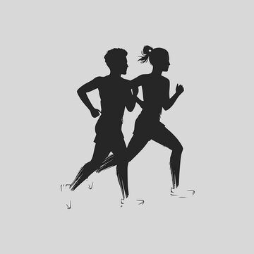 recommend clip art: Running man and woman, isolated vector silhouettes. Run, side view. Silhouettes of athletic looking male and female runners running. JPEG version.