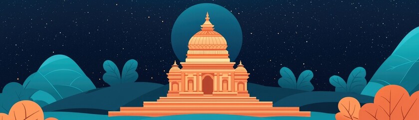 Fototapeta premium A serene illustration of a temple under a starry night, surrounded by lush mountains, perfect for cultural and architectural themes.