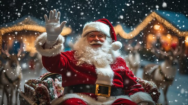 Santa Claus waving from his sleigh, wide-angle shot with snow falling gently, reindeer in motion, stars twinkling in the dark sky, festive village glowing in the background, joyful holiday scene 