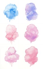 Six watercolor paint splotches in shades of pink, blue, and purple on a white background.