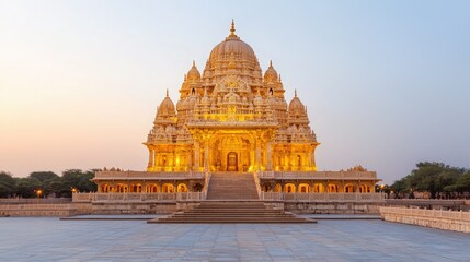 Fototapeta premium A stunning golden temple illuminated at dusk, showcasing intricate architecture and peaceful surroundings, ideal for spiritual inspiration.