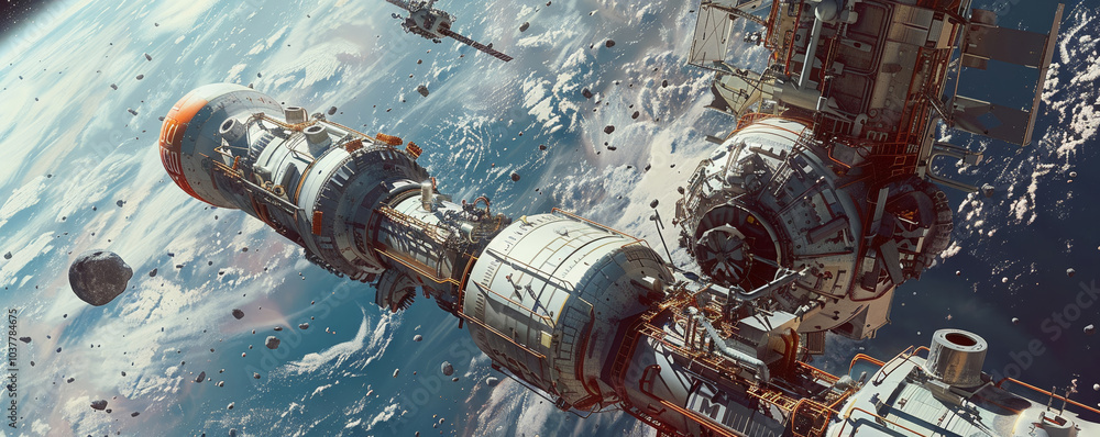 Canvas Prints space station orbiting earth with asteroid field