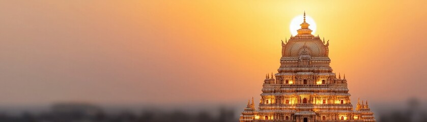 Stunning sunset behind an ancient temple, creating a warm glow and a serene atmosphere for spiritual reflection.