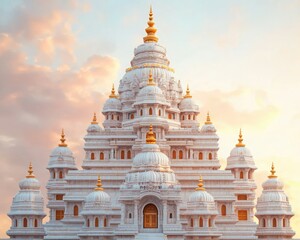 Naklejka premium Stunning white temple with golden accents, set against a vibrant sky. A breathtaking architectural masterpiece in serene surroundings.