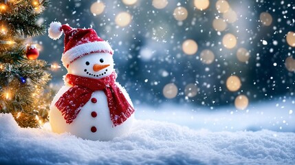 Snowman with a red scarf and hat next to a Christmas tree shimmering with lights, wide-angle close-up, soft focus, snowflakes falling gently, festive atmosphere with a warm holiday glow. 