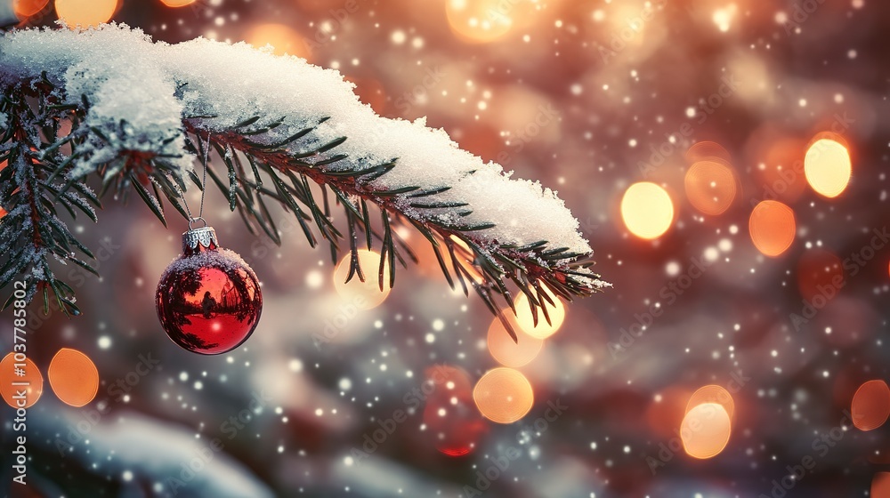 Poster christmas tree branch in sharp focus, ornaments hanging from individual needles, macro shot with war