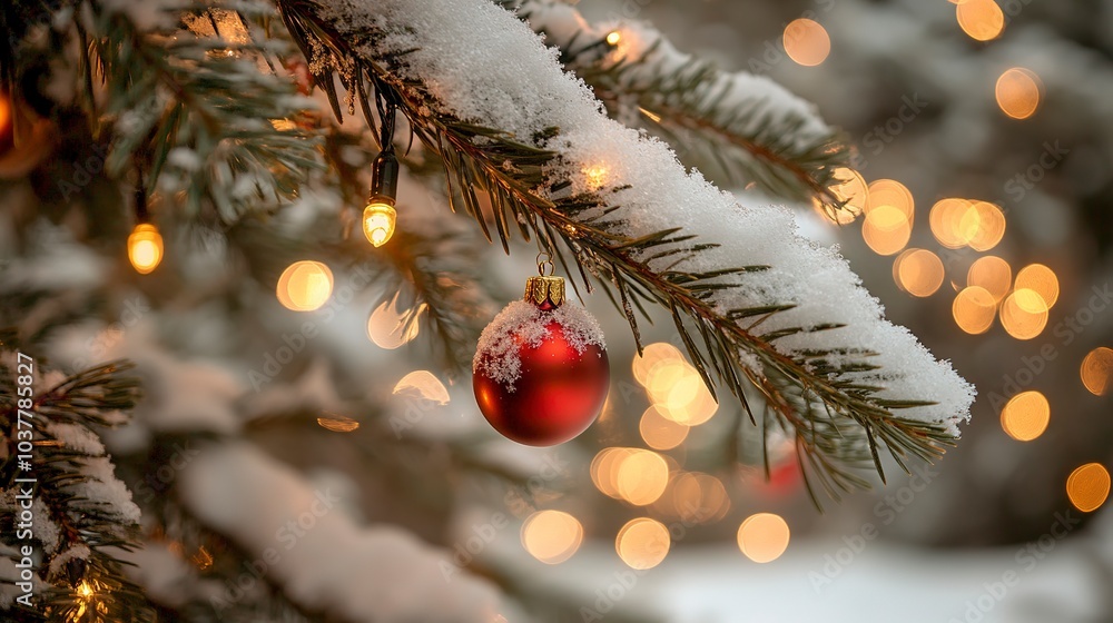 Poster christmas tree branch in sharp focus, ornaments hanging from individual needles, macro shot with war