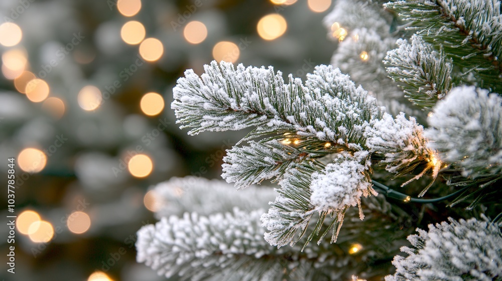 Poster detailed view of a snow-dusted christmas tree branch, warm string lights glowing softly in the backg