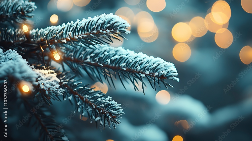 Poster macro shot of a christmas tree branch with delicate snow, glowing string lights softly blurred behin