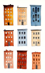 Naklejka premium Watercolor illustration of nine colorful buildings, each with a unique design.