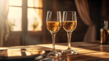 Two Glasses of Wine on a Wooden Table