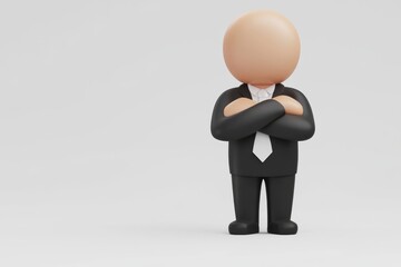 A man in a suit is standing with his arms crossed, looking serious