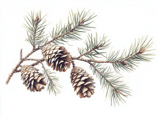 Naklejka premium Minimalist nature scene featuring detailed pine branches with cones, isolated on a white background, ideal for winter marketing