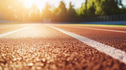 A running track with a focus on the track surface and lane markings, outdoor setting with sunlight, Dynamic style