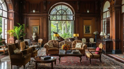 Luxurious Living Room with Wooden Paneling and a View