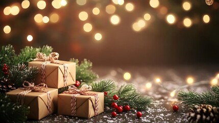 festive christmas scene featuring gifts, pine branches, and bokeh lights, perfect for seasonal messages and celebrations with copy space