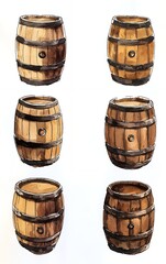 Obraz premium Six watercolor illustrations of wooden barrels on a white background.