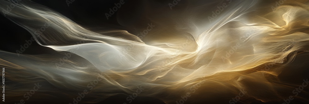 Poster a captivating abstract representation of flowing light and movement, blending soft hues of gold and 
