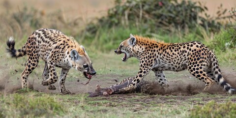 Obraz premium Spotted Hyenas Fighting Over Prey in the African Savanna