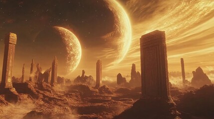 galactic landscape with ancient alien ruins under distant planets and moons, a cosmic exploration into extraterrestrial history