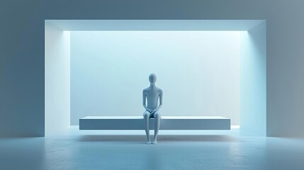 Obraz premium Introvert Solitude Minimalism Isolated figure on a bench, surrounded by open, empty space, introspective solitude, 3D illustration, no face