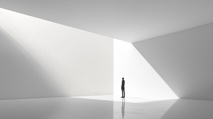Introvert Solitude Minimalism Person standing in a quiet, empty hallway, enjoying serene atmosphere, flat design illustration