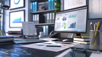 Modern Office Workplace with Computer and Charts
