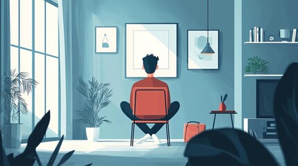Introvert Solitude Minimalism Individual in a minimalist living room, only a lamp and chair, flat design illustration