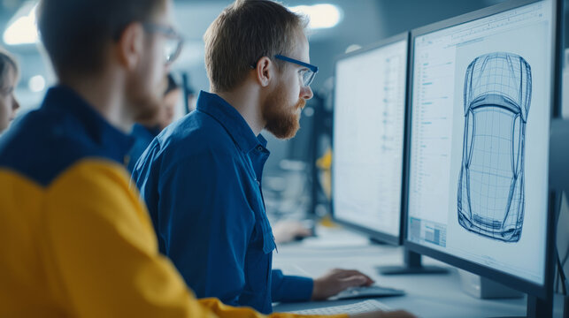 Engineers focused on designing car model using advanced software, showcasing teamwork and innovation in automotive technology. atmosphere is dynamic and collaborative - Powered by Adobe