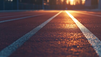 A running track's finish line tape with lane markings, outdoor track with bright lighting, Dynamic style