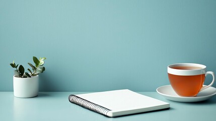 Introvert Solitude Minimalism Minimalist desk with notebook and cup of tea, introvert lifestyle, flat design illustration