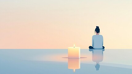Obraz premium Introvert Solitude Minimalism Single candle on a table, person sitting alone in calm reflection, flat design illustration