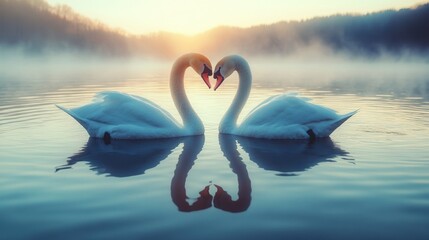 Two Swans Forming a Heart on a Misty Lake