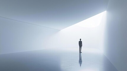 Obraz premium Introvert Solitude Minimalism Person standing in a quiet, empty hallway, enjoying serene atmosphere, flat design illustration