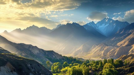 Majestic mountain landscape with sunlight and lush greenery.