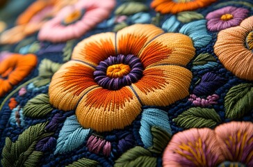 A Detailed Close-Up of Exquisite Flower Embroidery.


