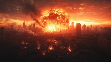 A city is destroyed by a fire, with smoke and ash filling the sky