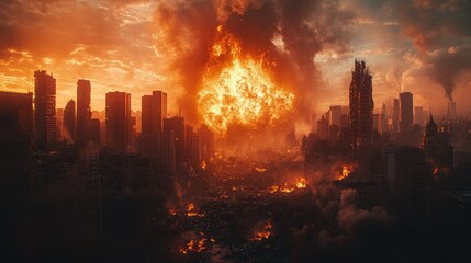 A city is destroyed by a fire, with smoke and ash filling the sky