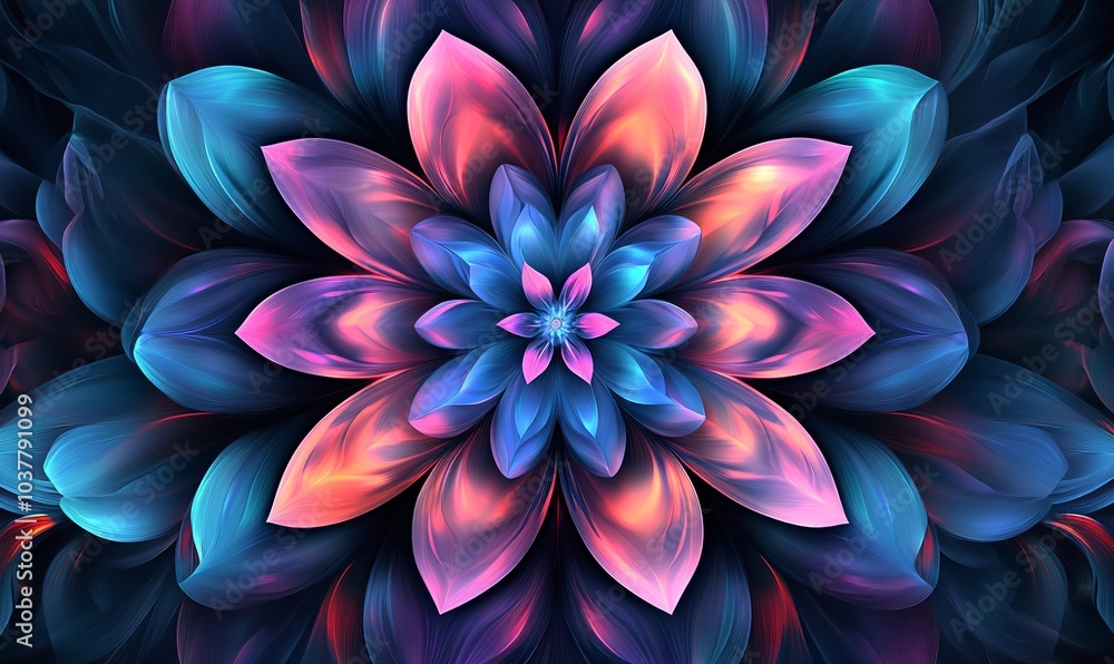 Poster a stunning abstract flower design with vibrant colors, showcasing intricate layers and patterns on a