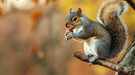 Fototapeta premium Squirrel Nibbling on Nut While Perched on Tree Branch