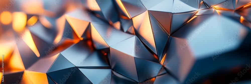 Poster a close-up view of angular, metallic surfaces reflecting light, showcasing a blend of blue and orang