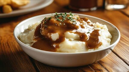 A creamy bowl of mashed potatoes topped with rich, brown gravy, served on a rustic wooden table