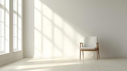 Introvert Solitude Minimalism A single chair placed in the center of an empty, bright room with soft natural light streaming in Minimalist solitude, Calm, introversion