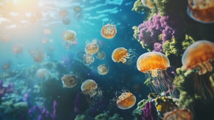 Obraz premium Colorful Jellyfish Swarm in Vibrant Marine Scene