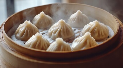 Steaming Chinese Dumplings in a Bamboo Basket